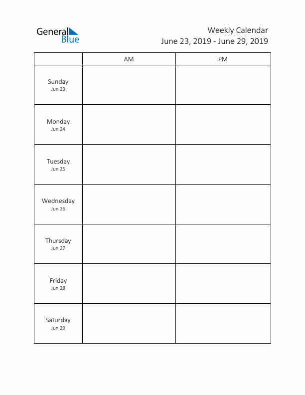 AM-PM Weekly Calendar Template (Week 26 of 2019)