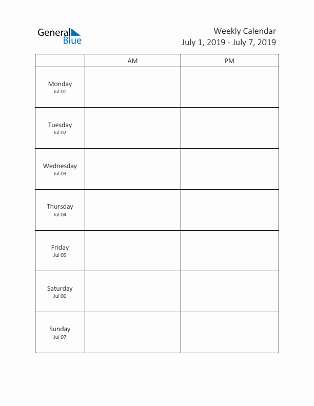 AM-PM Weekly Calendar Template (Week 27 of 2019)