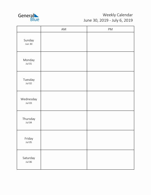 AM-PM Weekly Calendar Template (Week 27 of 2019)