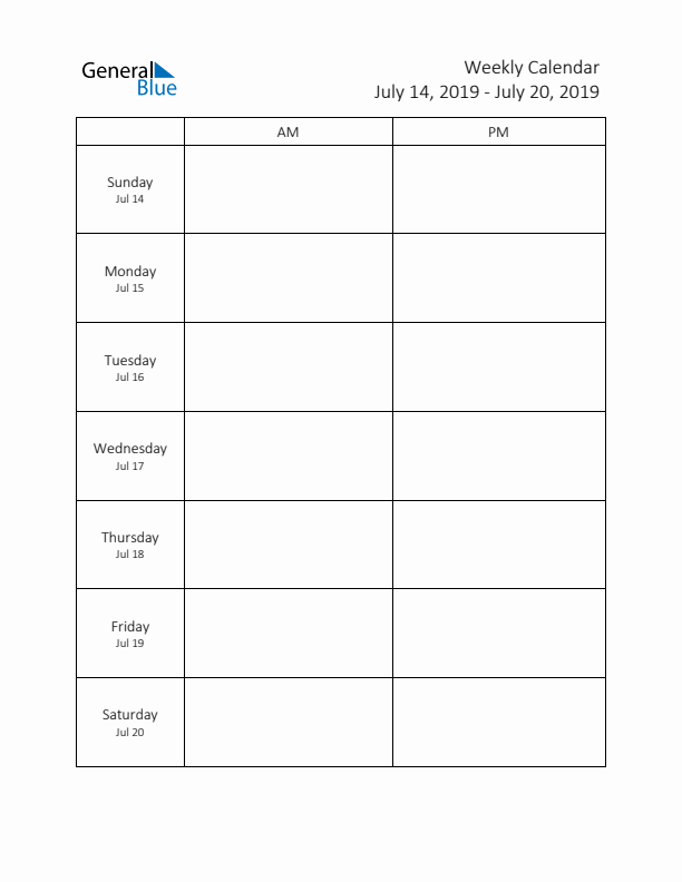 AM-PM Weekly Calendar Template (Week 29 of 2019)