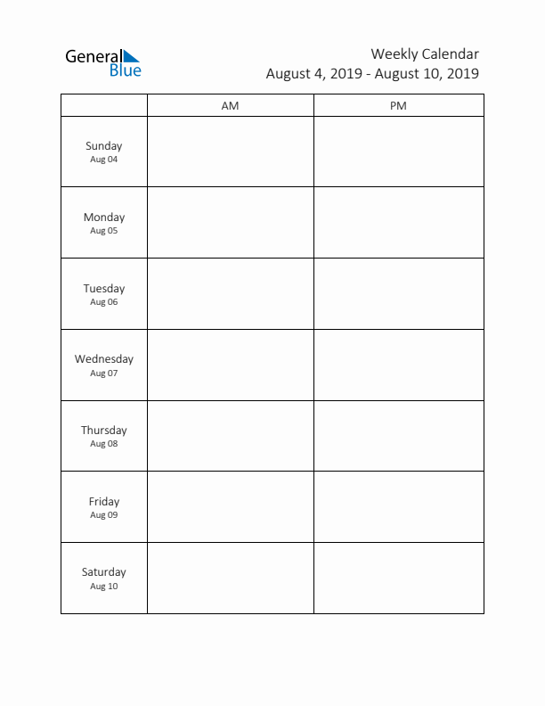 AM-PM Weekly Calendar Template (Week 32 of 2019)