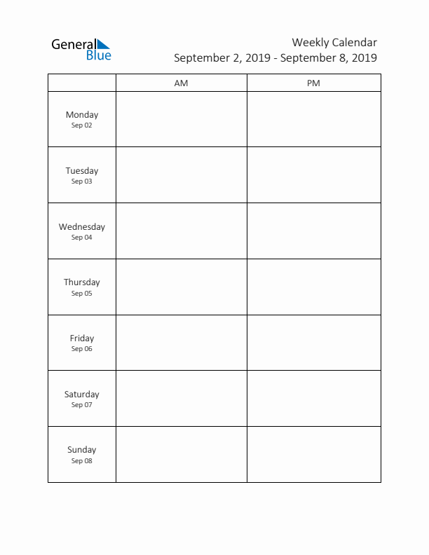 AM-PM Weekly Calendar Template (Week 36 of 2019)