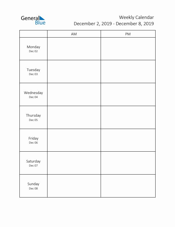 AM-PM Weekly Calendar Template (Week 49 of 2019)