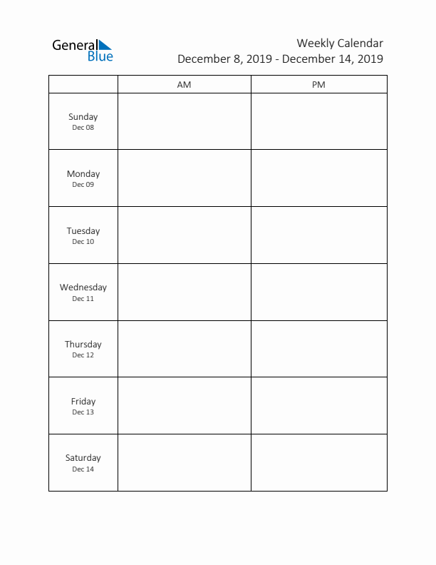 AM-PM Weekly Calendar Template (Week 50 of 2019)