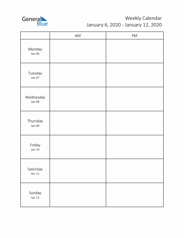 AM-PM Weekly Calendar Template (Week 2 of 2020)