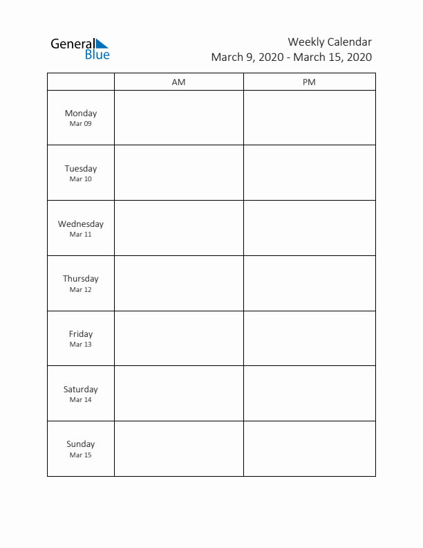 AM-PM Weekly Calendar Template (Week 11 of 2020)