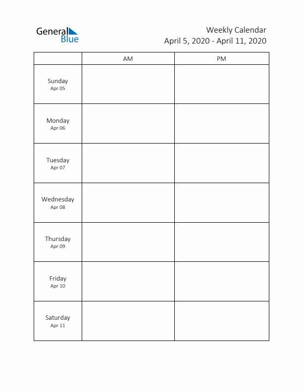 AM-PM Weekly Calendar Template (Week 15 of 2020)