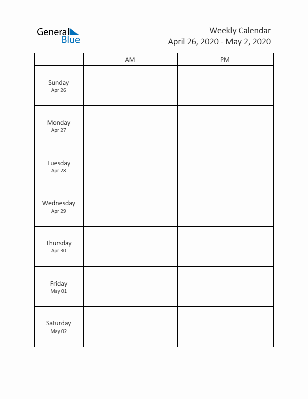 AM-PM Weekly Calendar Template (Week 18 of 2020)