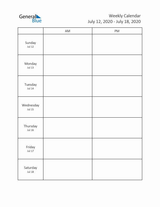 AM-PM Weekly Calendar Template (Week 29 of 2020)