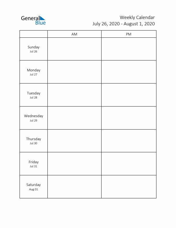 AM-PM Weekly Calendar Template (Week 31 of 2020)