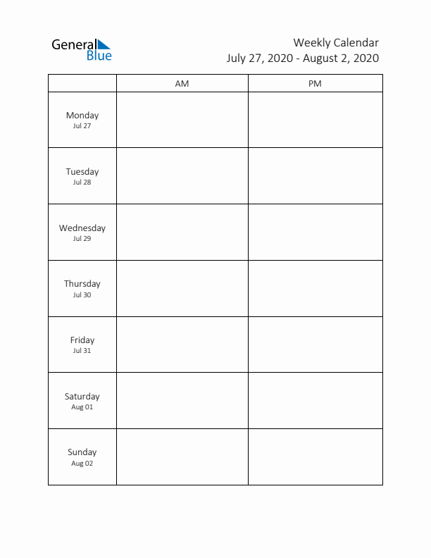 AM-PM Weekly Calendar Template (Week 31 of 2020)