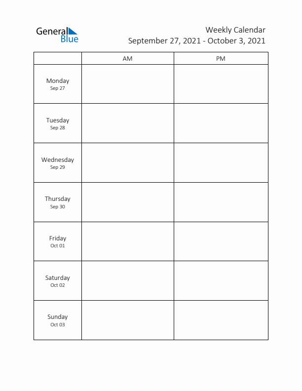 AM-PM Weekly Calendar Template (Week 39 of 2021)