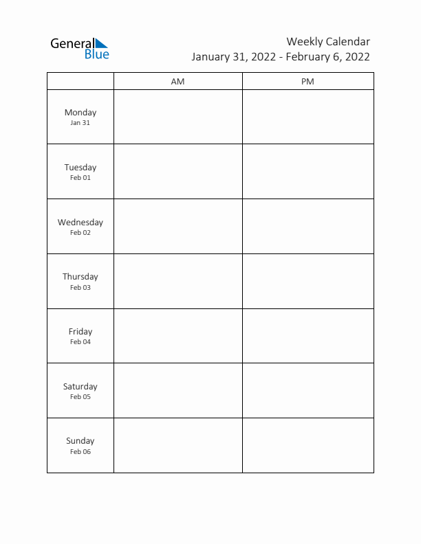 AM-PM Weekly Calendar Template (Week 5 of 2022)