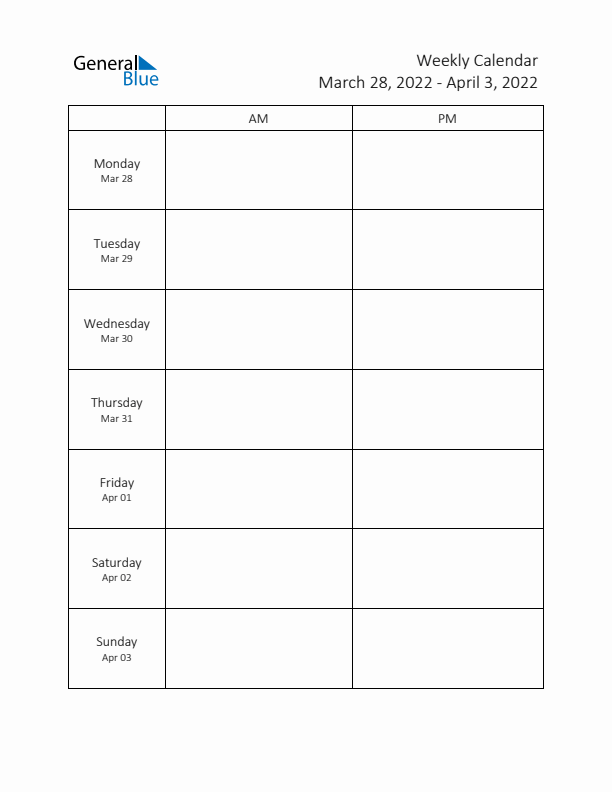 AM-PM Weekly Calendar Template (Week 13 of 2022)