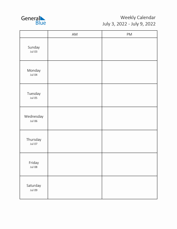 AM-PM Weekly Calendar Template (Week 28 of 2022)