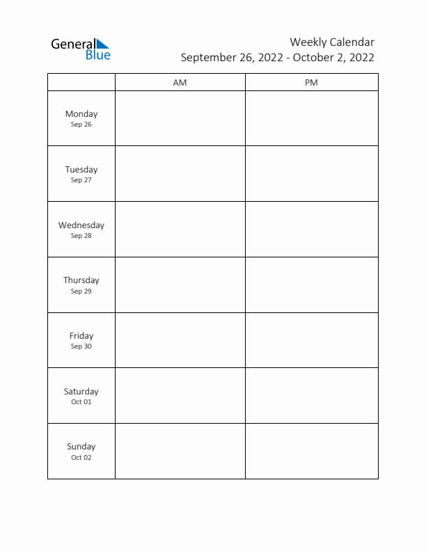 AM-PM Weekly Calendar Template (Week 39 of 2022)