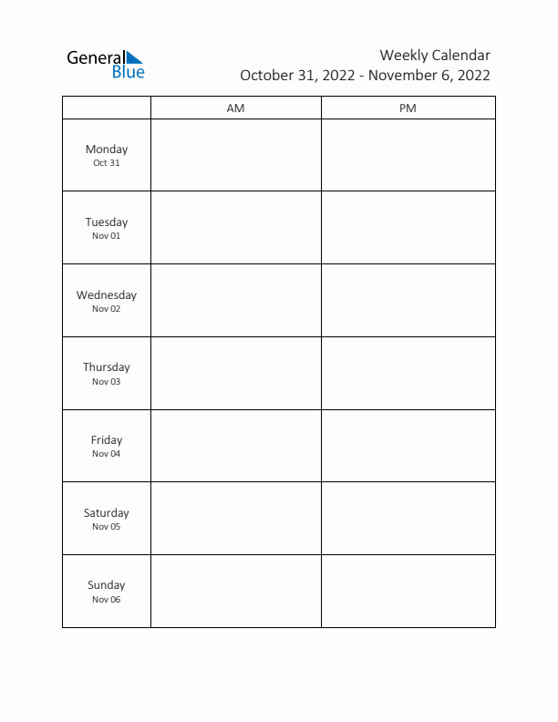 AM-PM Weekly Calendar Template (Week 44 of 2022)