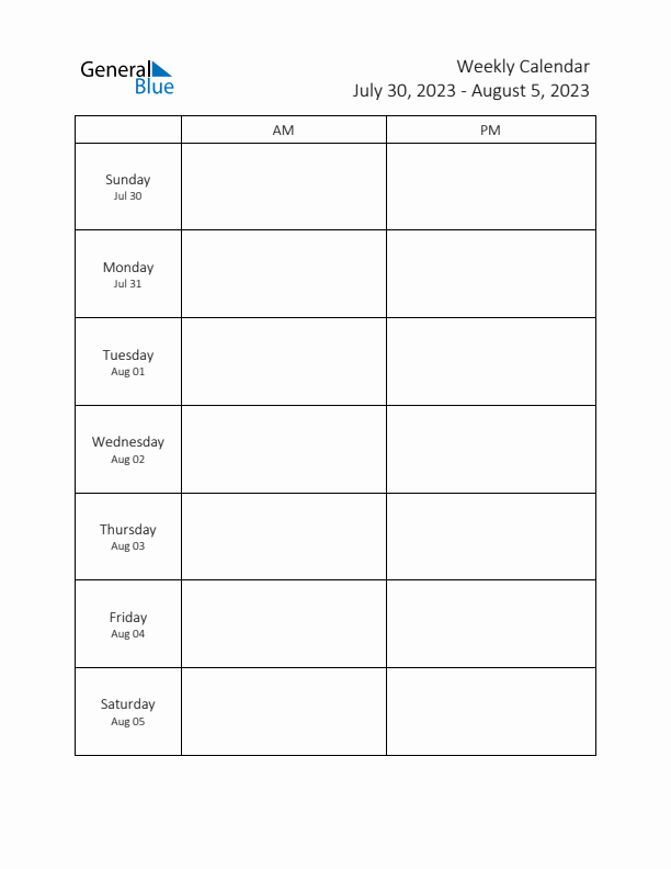 AM-PM Weekly Calendar Template (Week 31 of 2023)