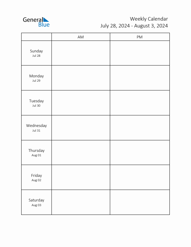 AM-PM Weekly Calendar Template (Week 31 of 2024)