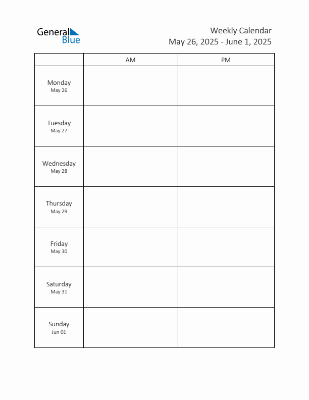 AM-PM Weekly Calendar Template (Week 22 of 2025)