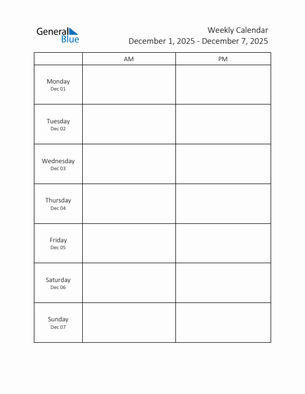 AM-PM Weekly Calendar Template (Week 49 of 2025)