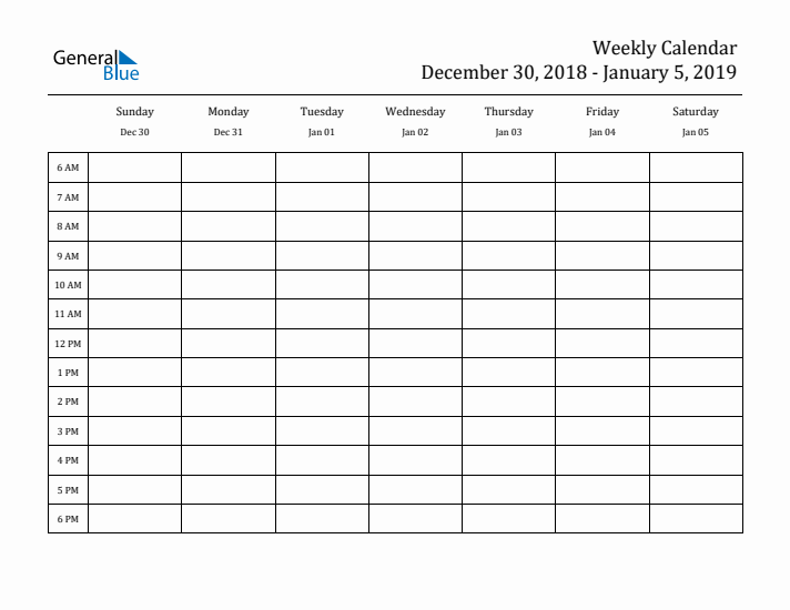 Hourly Planner Template for the Week of December 30