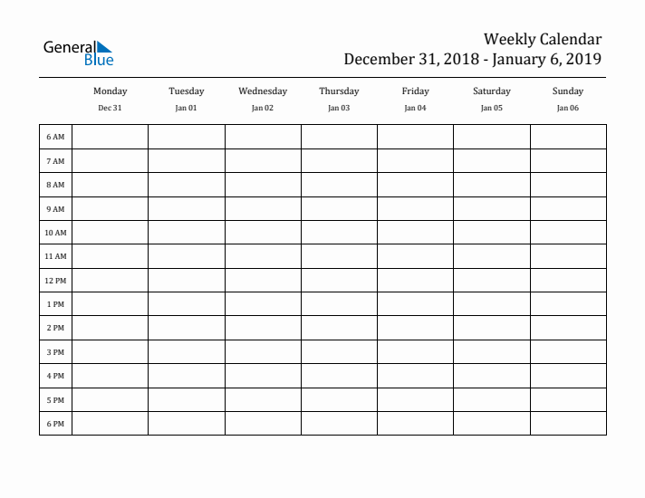 Hourly Planner Template for the Week of December 31