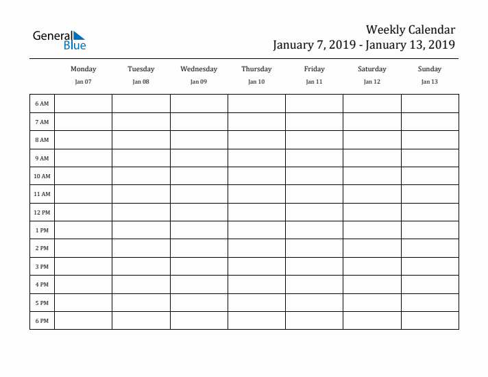 Hourly Planner Template for the Week of January 7