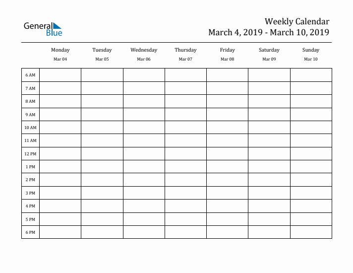 Hourly Planner Template for the Week of March 4