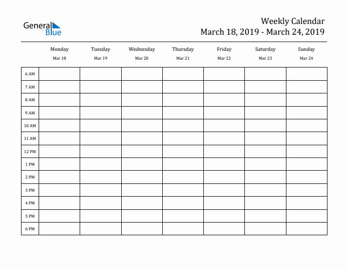 Hourly Planner Template for the Week of March 18