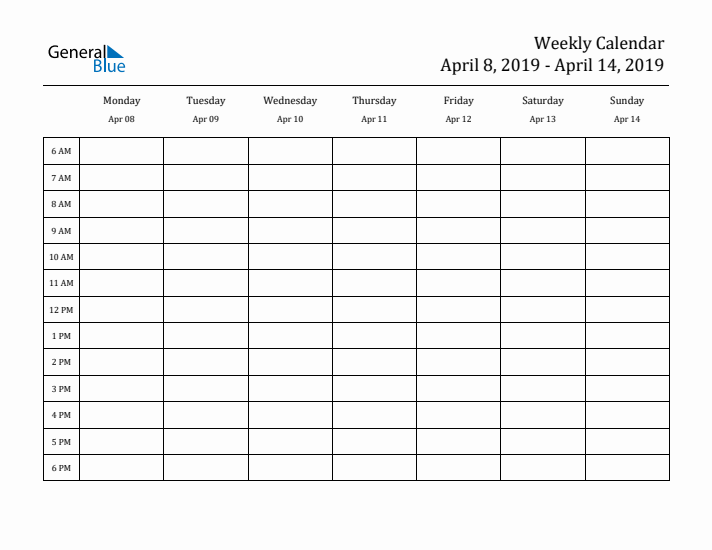 Hourly Planner Template for the Week of April 8