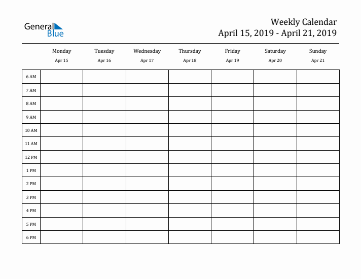 Hourly Planner Template for the Week of April 15