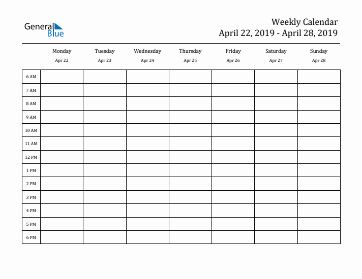 Hourly Planner Template for the Week of April 22