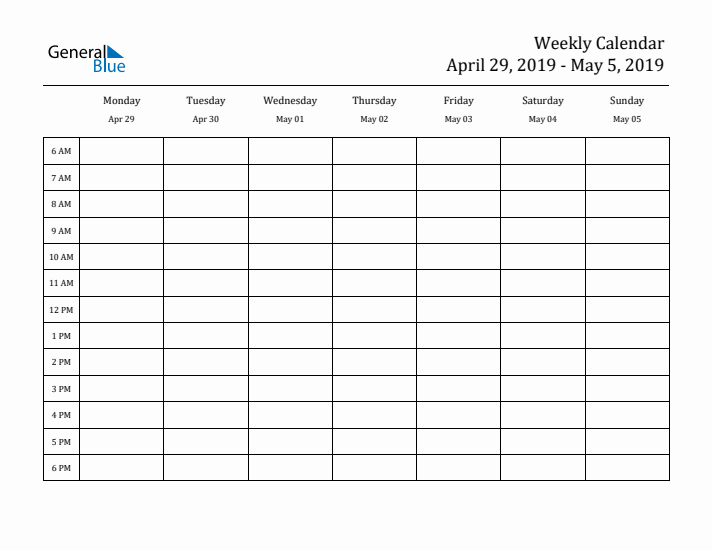 Hourly Planner Template for the Week of April 29