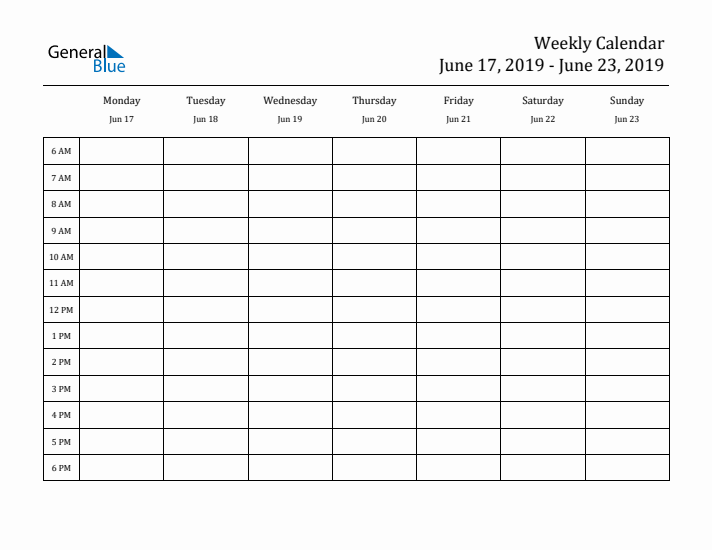 Hourly Planner Template for the Week of June 17