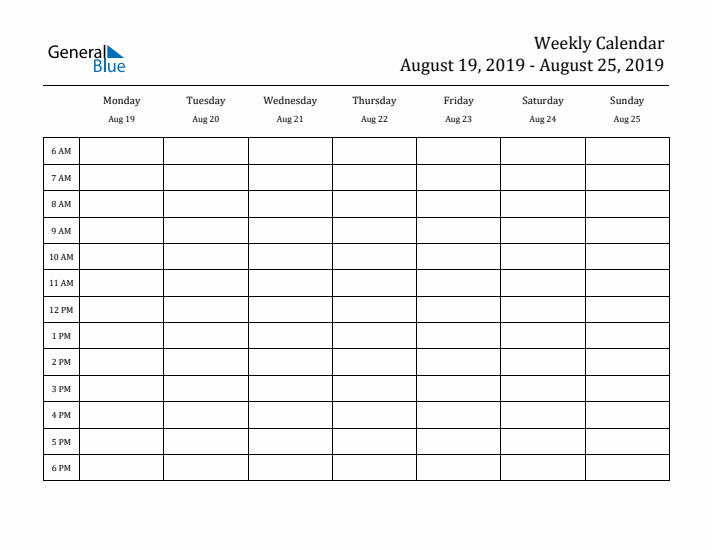 Hourly Planner Template for the Week of August 19