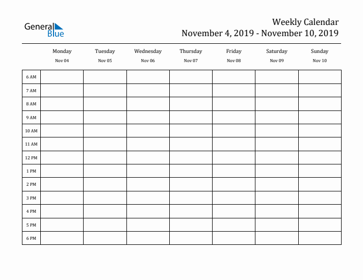 Hourly Planner Template for the Week of November 4