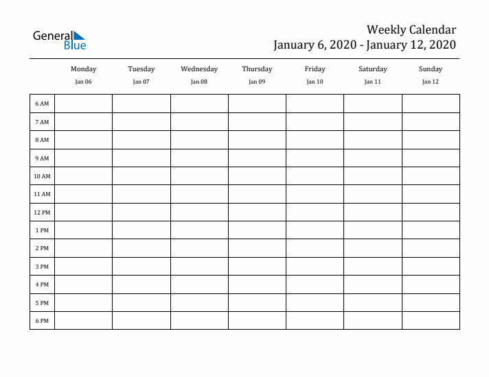 Hourly Planner Template for the Week of January 6