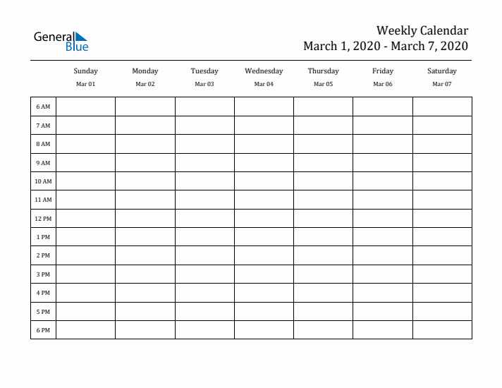 Hourly Planner Template for the Week of March 1