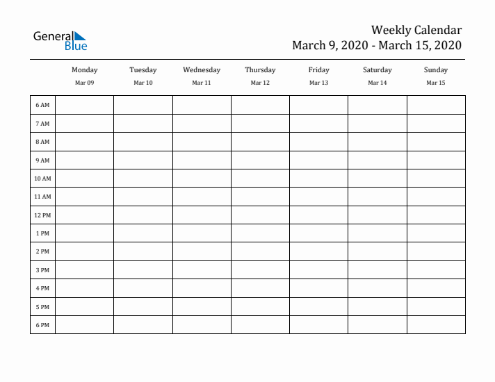 Hourly Planner Template for the Week of March 9