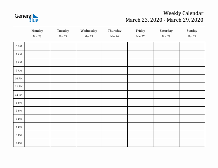 Hourly Planner Template for the Week of March 23