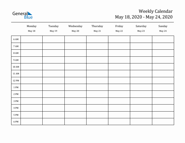 Hourly Planner Template for the Week of May 18