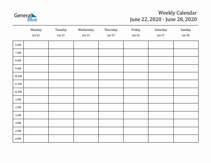 Hourly Planner Template for the Week of June 22