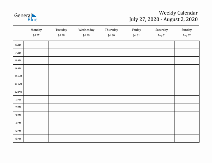 Hourly Planner Template for the Week of July 27