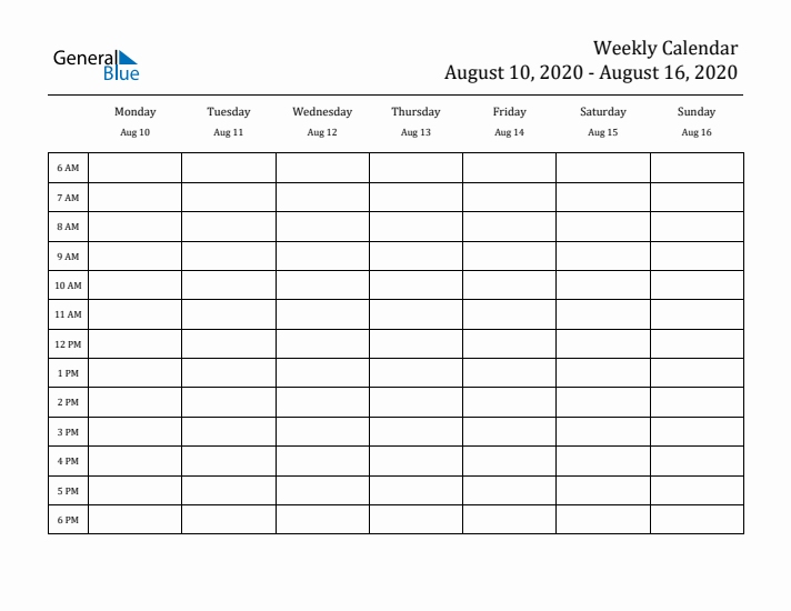 Hourly Planner Template for the Week of August 10