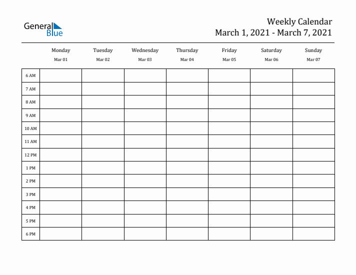 Hourly Planner Template for the Week of March 1