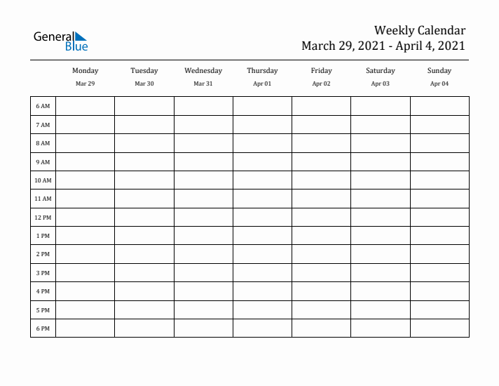 Hourly Planner Template for the Week of March 29