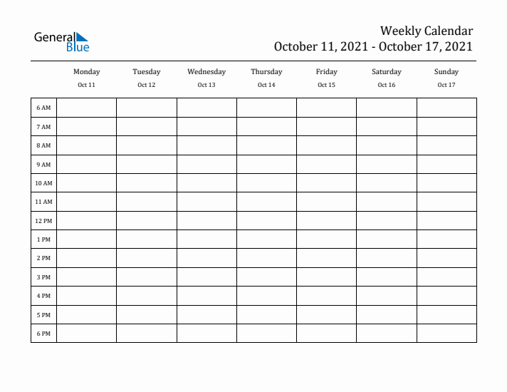 Hourly Planner Template for the Week of October 11