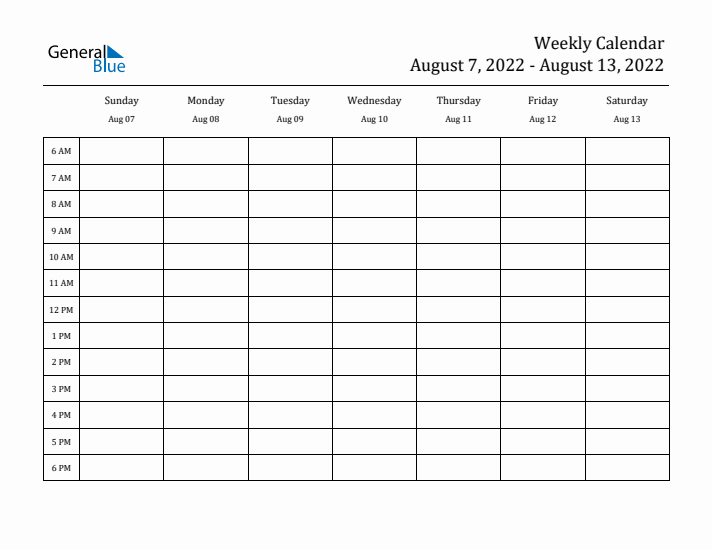 Hourly Planner Template for the Week of August 7