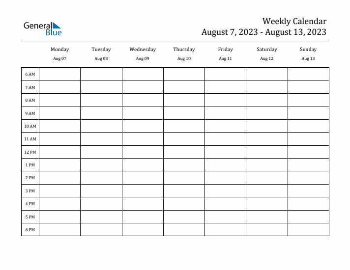 Hourly Planner Template for the Week of August 7